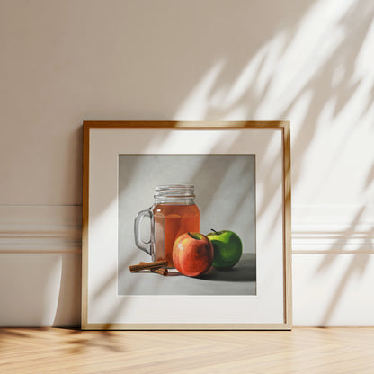 Fine art print of a mason jar of apple cider, red and green apples, and cinnamon sticks in a light wood frame.