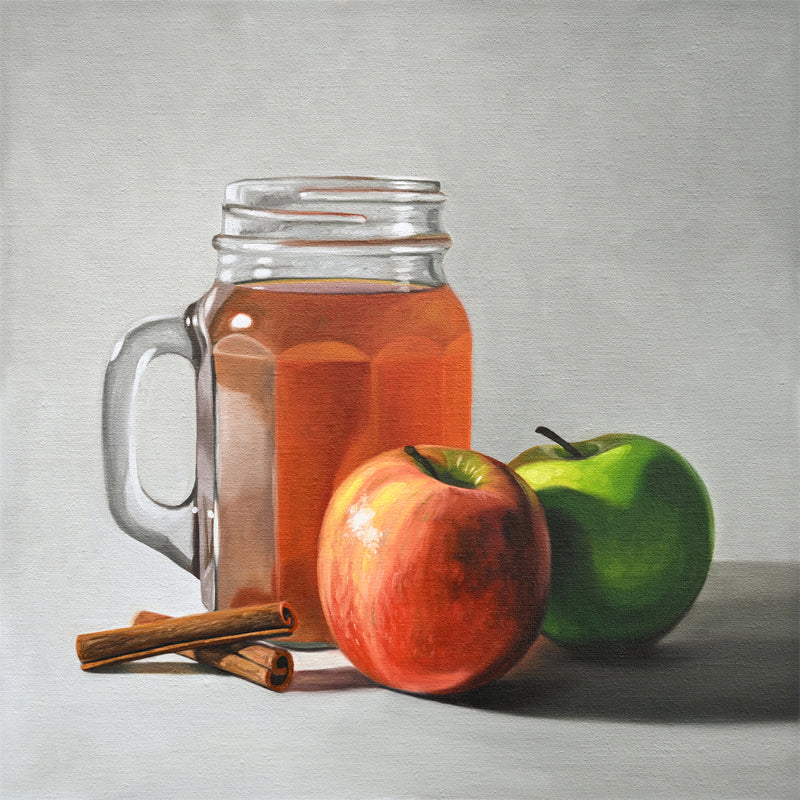 Vibrant still life painting of a glass mason jar filled with apple cider, two apples (one red, one green), and two cinnamon sticks.