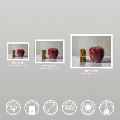 Three Apple Cinnamon fine art prints in 8x10, 11x14, and 16x20 sizes, with white borders.