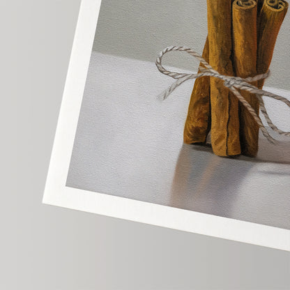 Fine art print of cinnamon sticks tied with twine on white cotton rag paper.