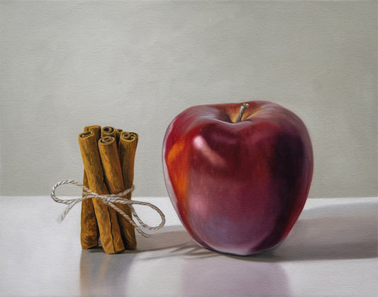 Still life painting of a vibrant red apple next to a bundle of cinnamon sticks tied with twine.