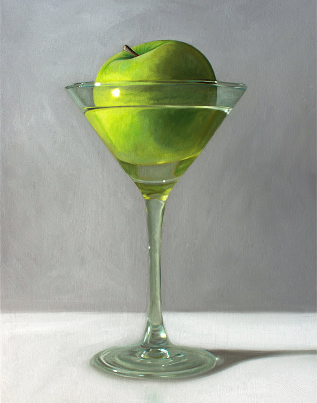 Vibrant green apple martini art print in a clear glass, on a light gray background.