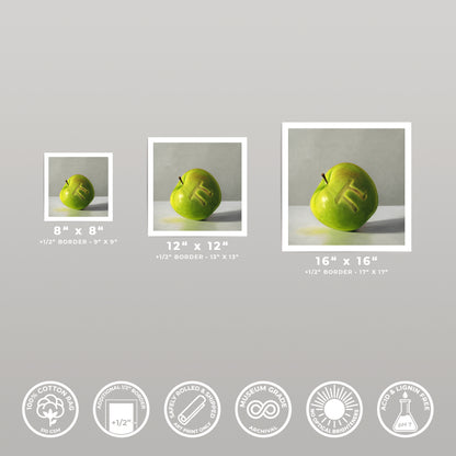 Three fine art prints of a green apple with a carved "E" in varying sizes, displayed with product feature icons.