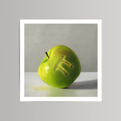 Vibrant green apple still life art print with a carved Pi symbol, on museum-grade cotton rag paper.