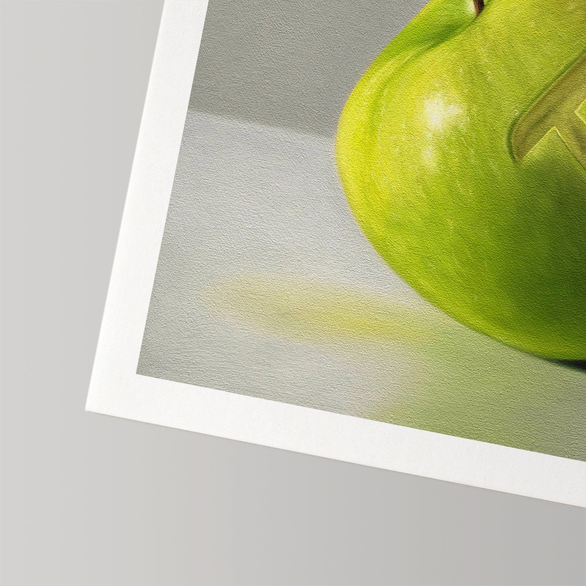 Close-up of "Apple Pi" fine art print on textured cotton rag paper with a white border.