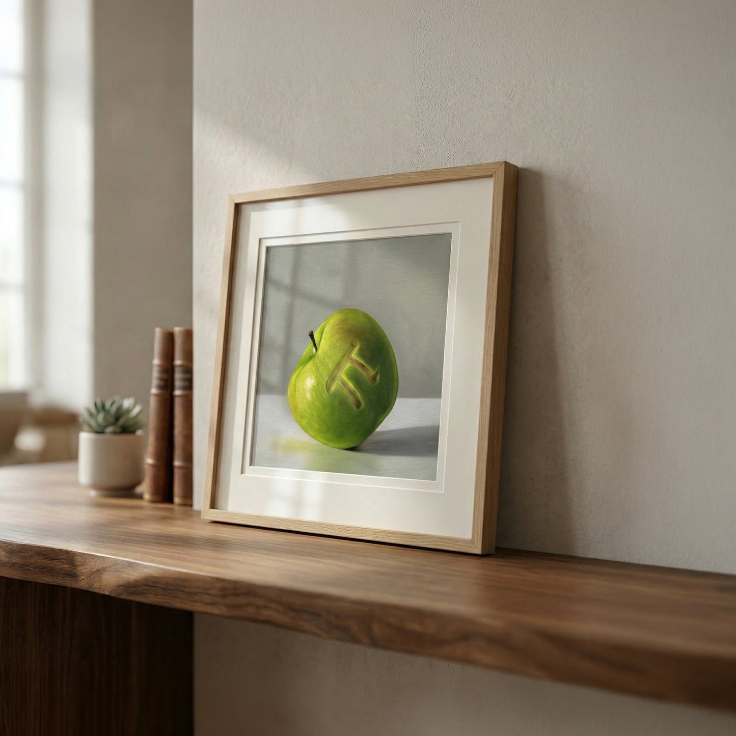Framed fine art print of a green apple with the pi symbol carved into it, on a wooden shelf.