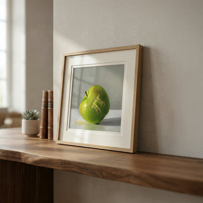 Framed fine art print of a green apple with the pi symbol carved into it, on a wooden shelf.