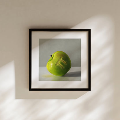 Framed fine art print of a green apple with a carved "Pi" symbol, on a light background.