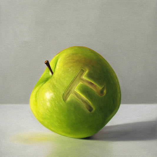 Vibrant green apple with the Greek letter Pi carved into its side, resting on a light surface.