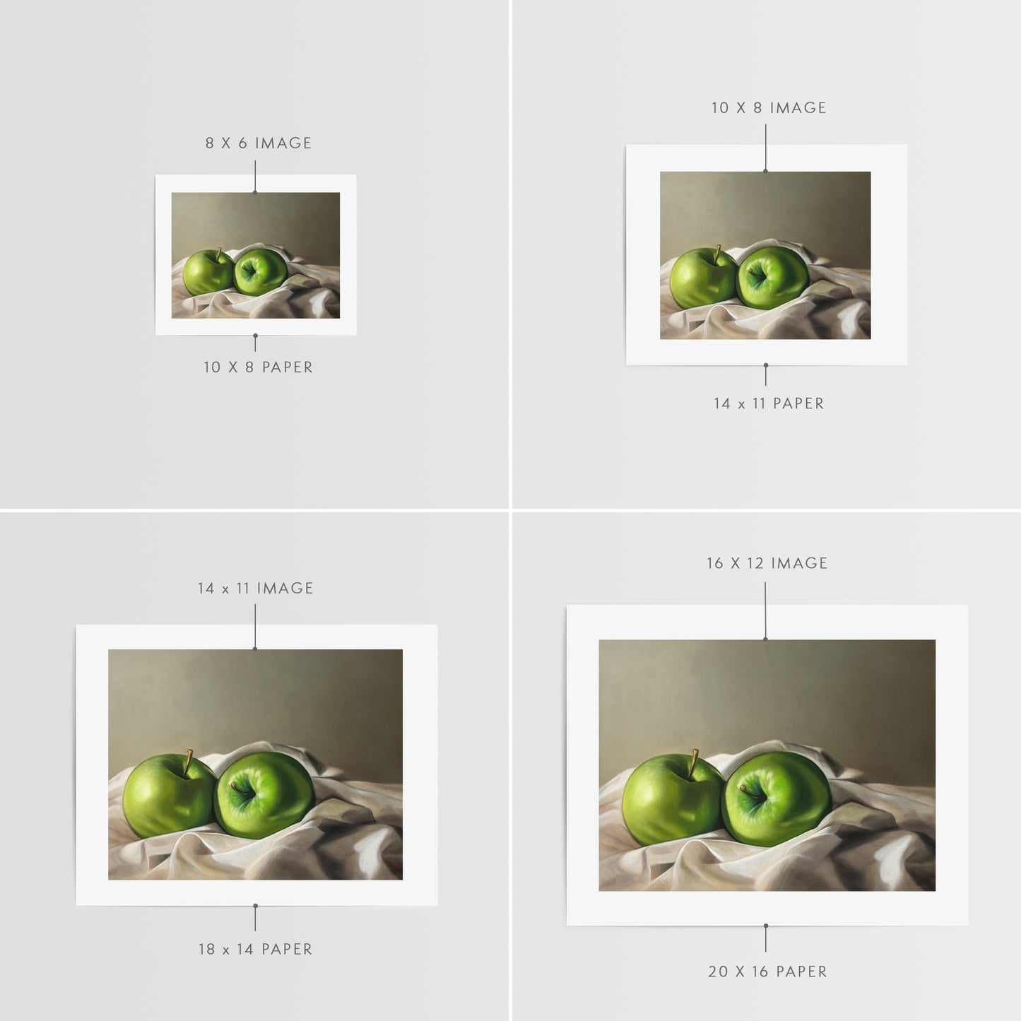 Apples & Linen Fine Art Print by Lauren Pretorius: a pair of Granny Smith apples wrapped in linen fabric with a neutral grey background.