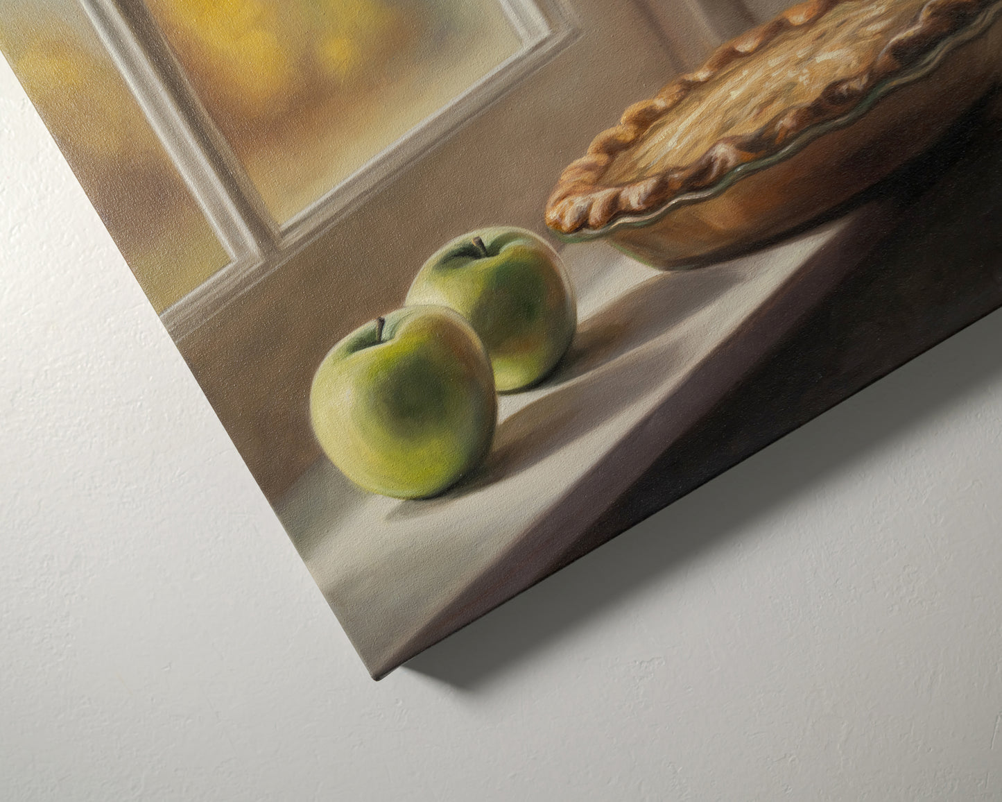 Autumn Apple Pie 14" x 11" Original Oil Painting by Lauren Pretorius: an apple pie on a windowsill with two green apples