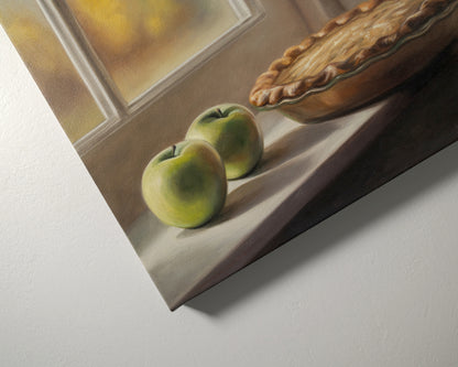 Autumn Apple Pie 14" x 11" Original Oil Painting by Lauren Pretorius: an apple pie on a windowsill with two green apples
