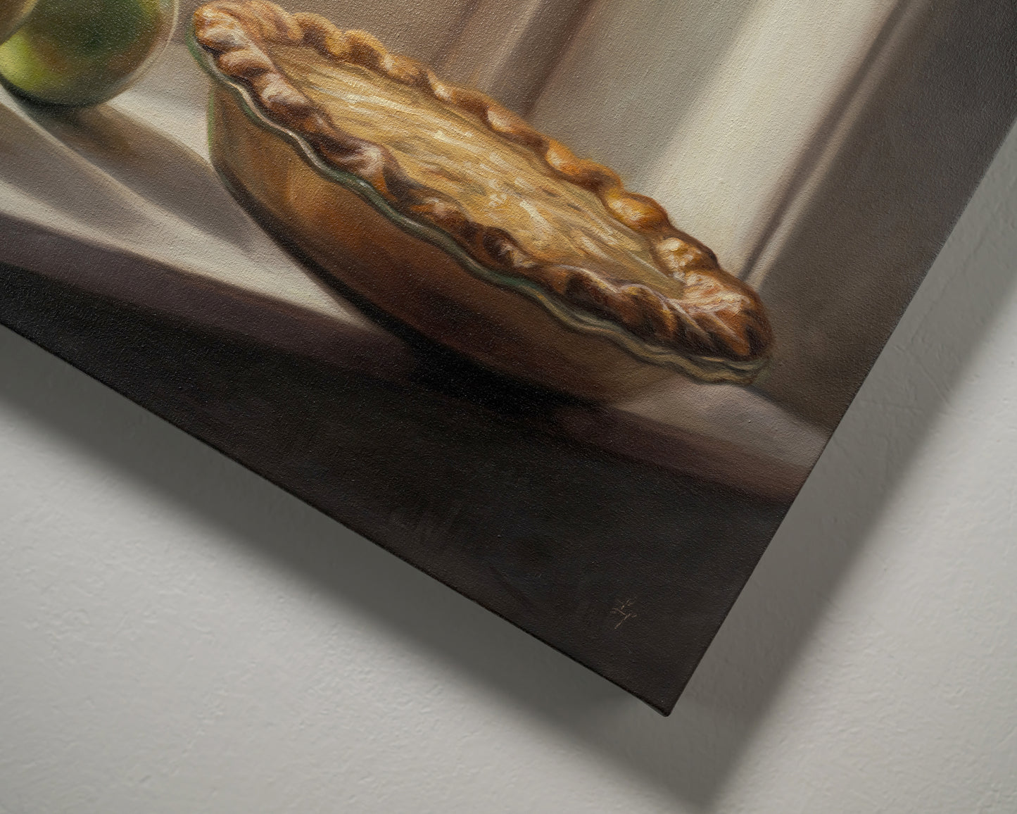 Autumn Apple Pie 14" x 11" Original Oil Painting by Lauren Pretorius: an apple pie on a windowsill with two green apples