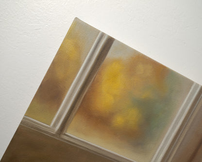 Autumn Apple Pie 14" x 11" Original Oil Painting by Lauren Pretorius: an apple pie on a windowsill with two green apples