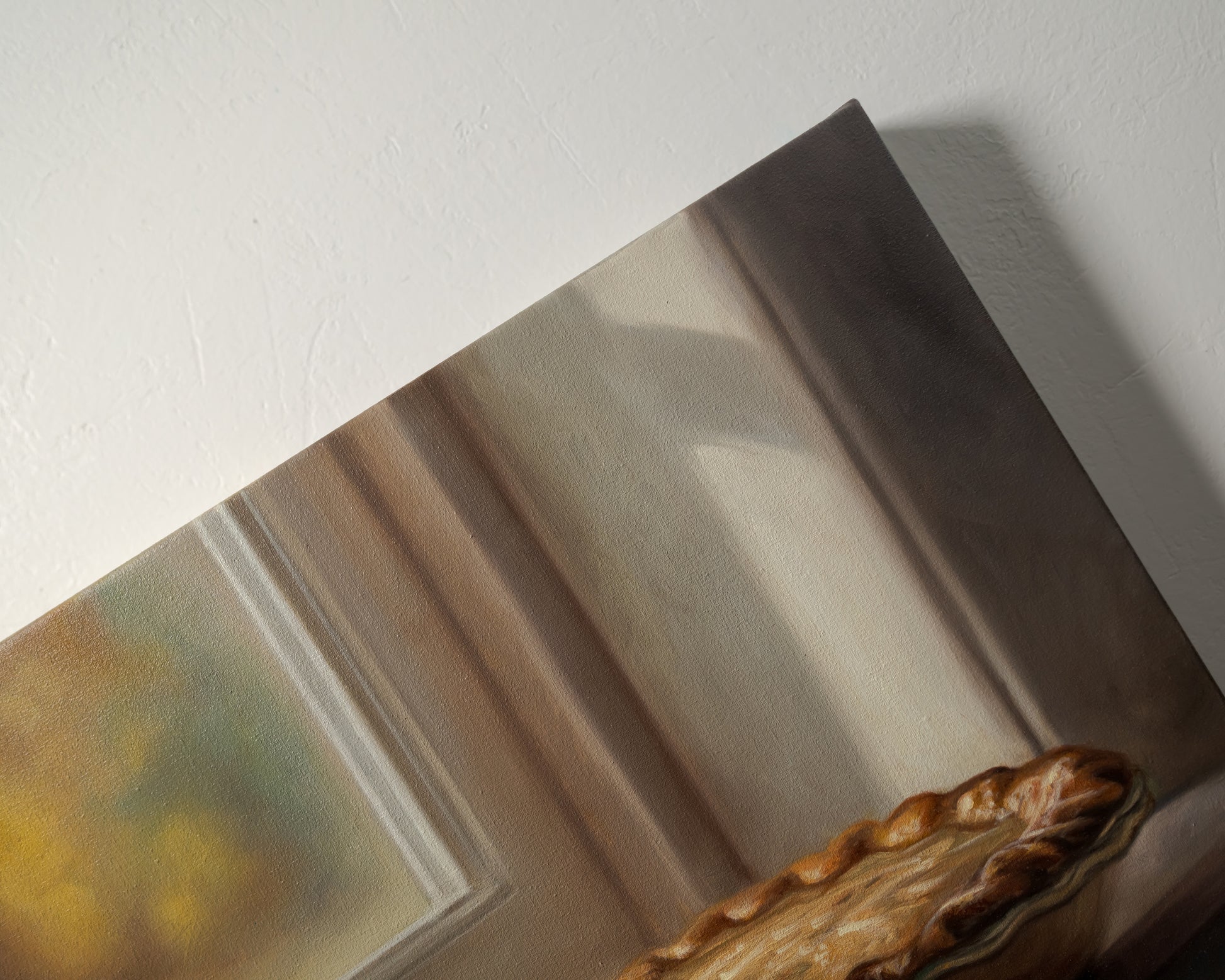 Autumn Apple Pie 14" x 11" Original Oil Painting by Lauren Pretorius: an apple pie on a windowsill with two green apples