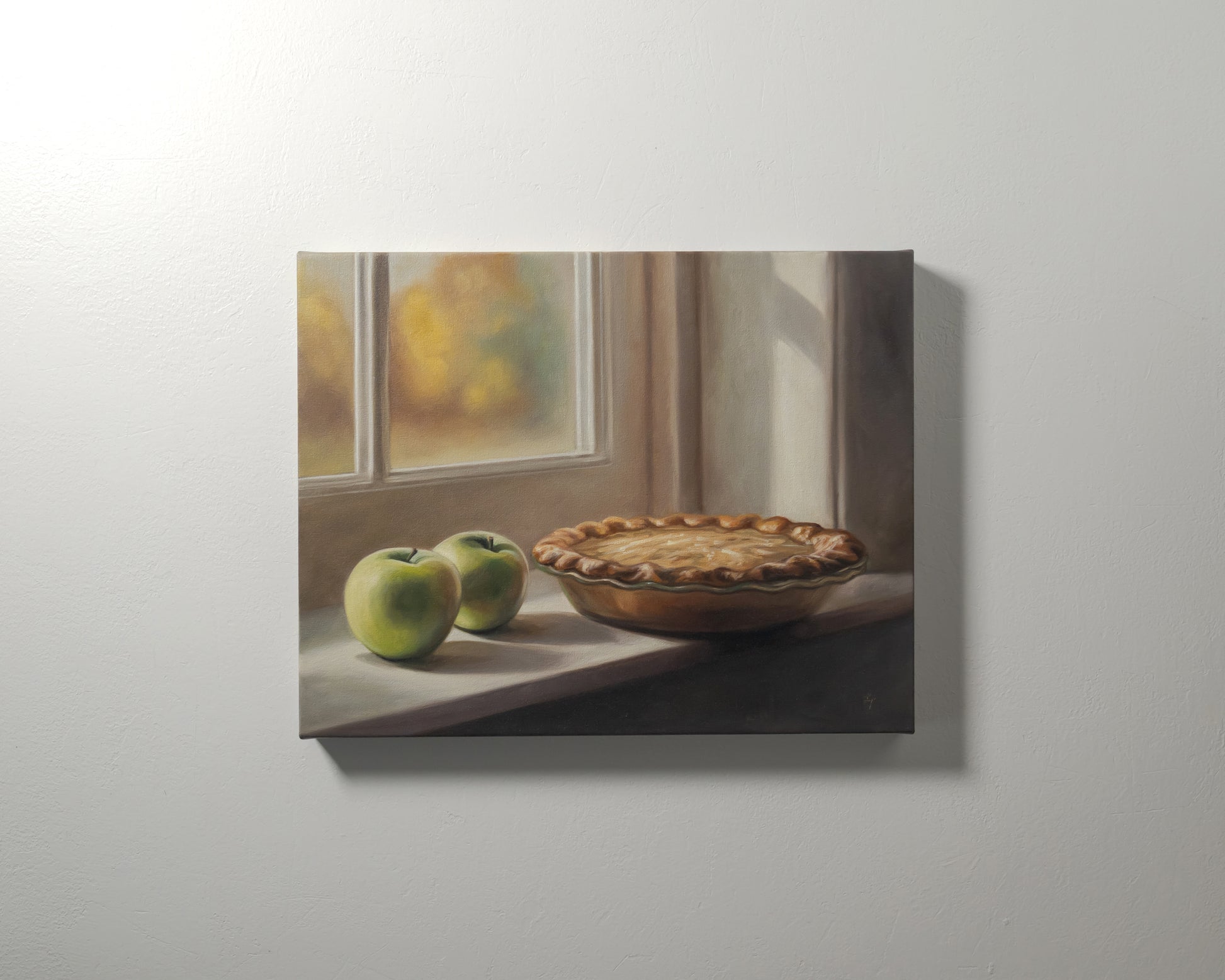 Autumn Apple Pie 14" x 11" Original Oil Painting by Lauren Pretorius: an apple pie on a windowsill with two green apples