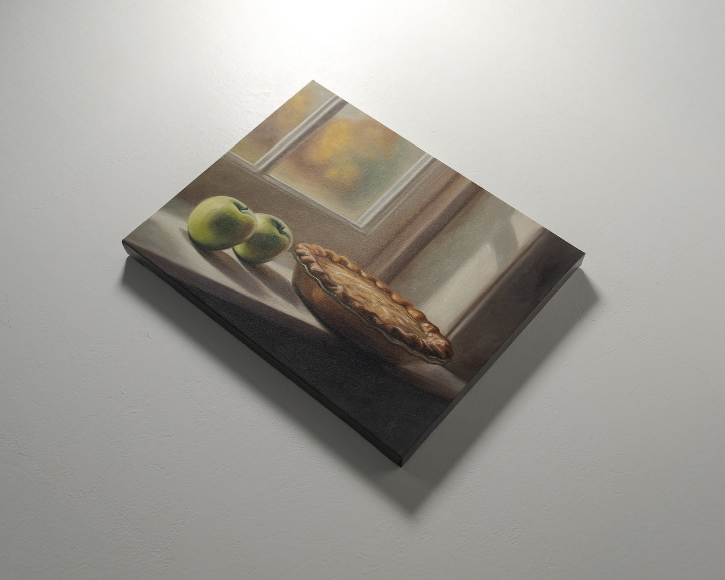 Autumn Apple Pie 14" x 11" Original Oil Painting by Lauren Pretorius: an apple pie on a windowsill with two green apples