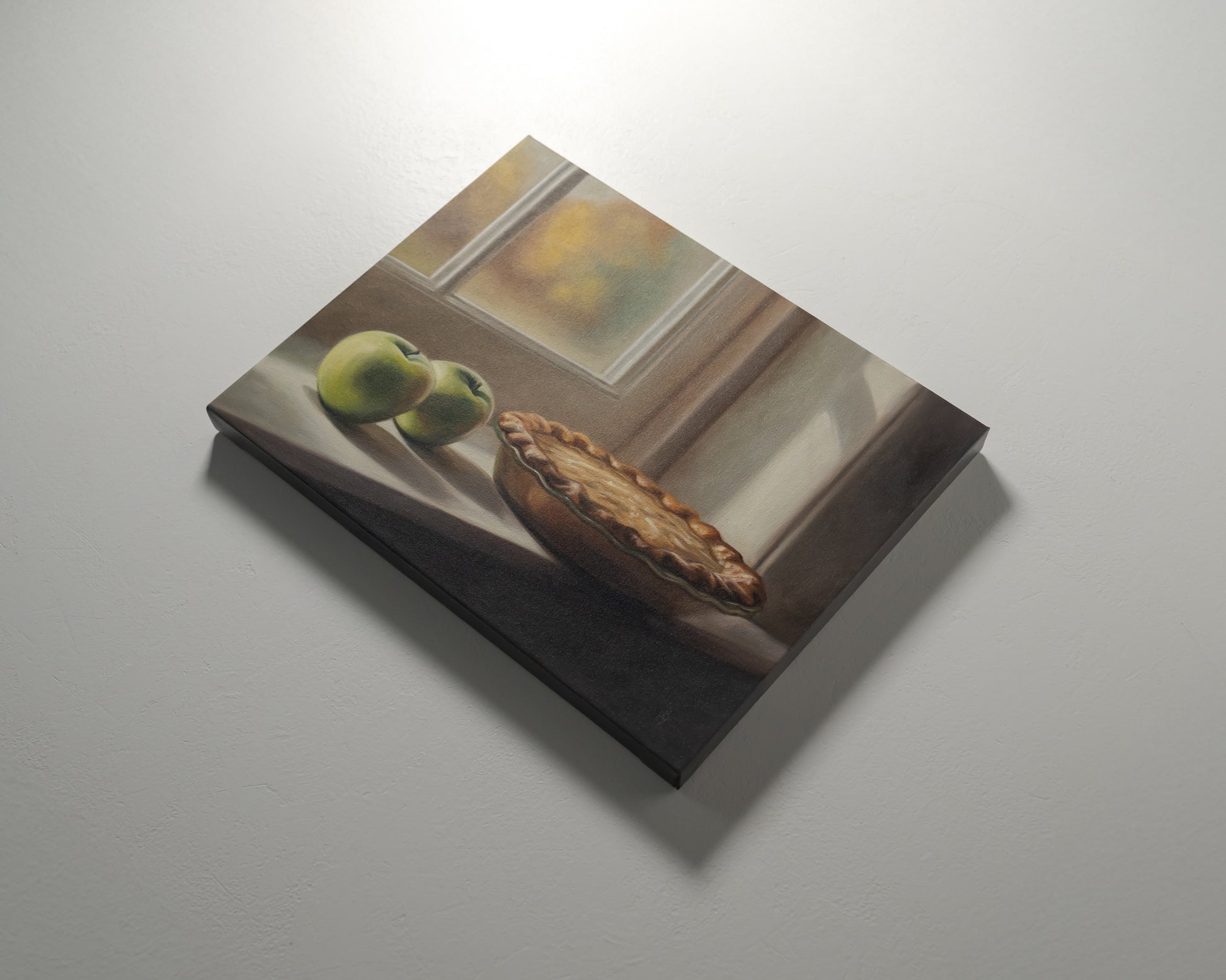 Autumn Apple Pie 14" x 11" Original Oil Painting by Lauren Pretorius: an apple pie on a windowsill with two green apples