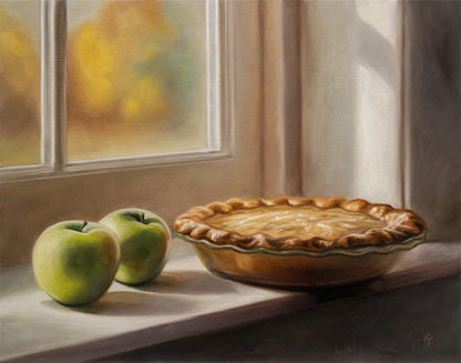 Autumn Apple Pie 14" x 11" Original Oil Painting by Lauren Pretorius: an apple pie on a windowsill with two green apples
