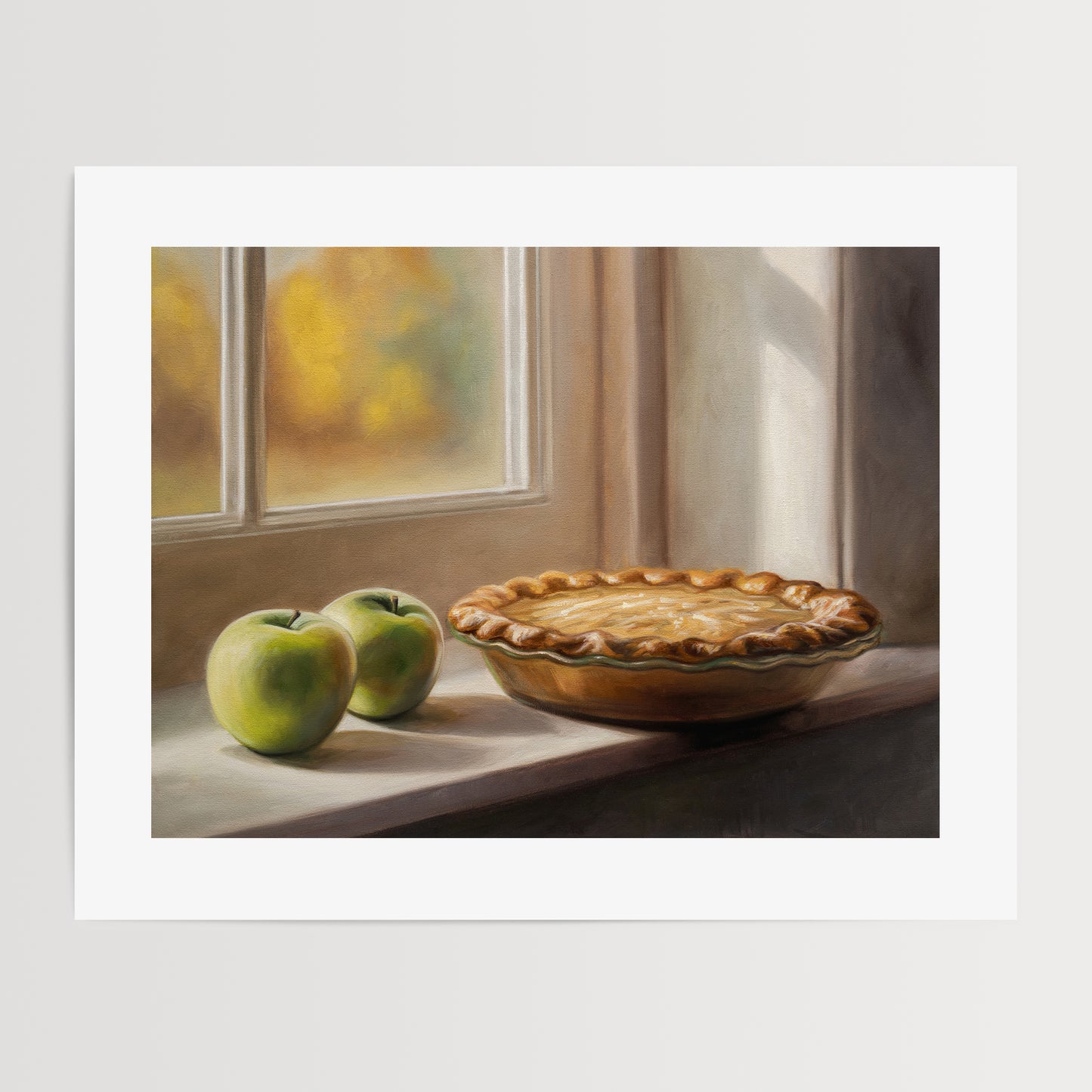 Autumn Apple Pie Fine Art Print by Lauren Pretorius: an apple pie on a windowsill with two green apples
