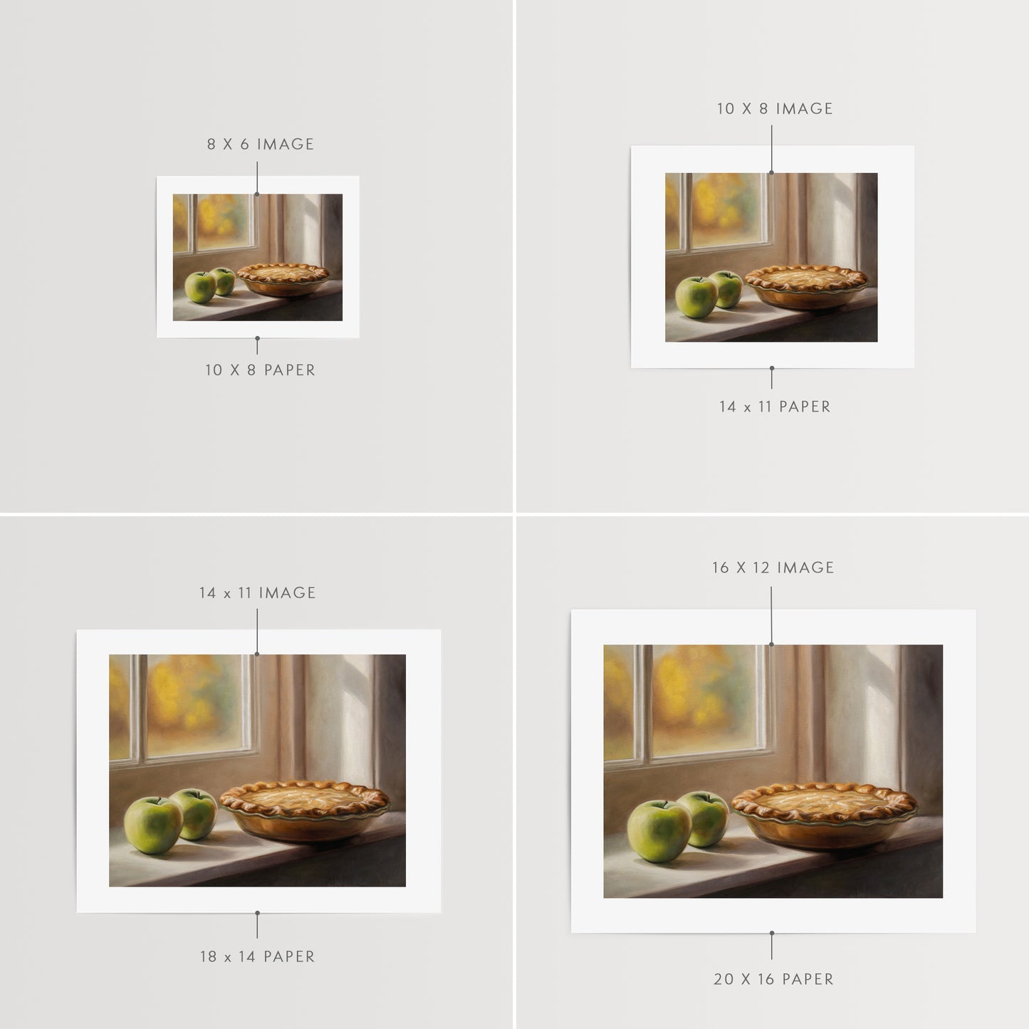 Autumn Apple Pie Fine Art Print by Lauren Pretorius: an apple pie on a windowsill with two green apples