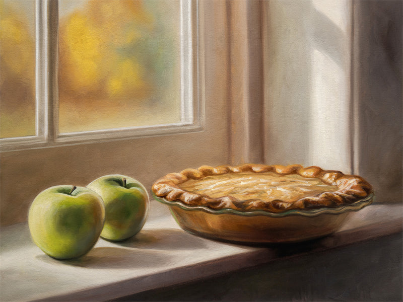 Autumn Apple Pie Fine Art Print by Lauren Pretorius: an apple pie on a windowsill with two green apples