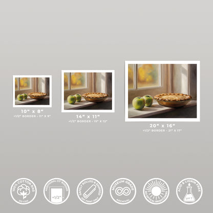 Three fine art prints of an autumn apple pie and green apples on a windowsill, shown in 10x8, 14x11, and 20x16 sizes.