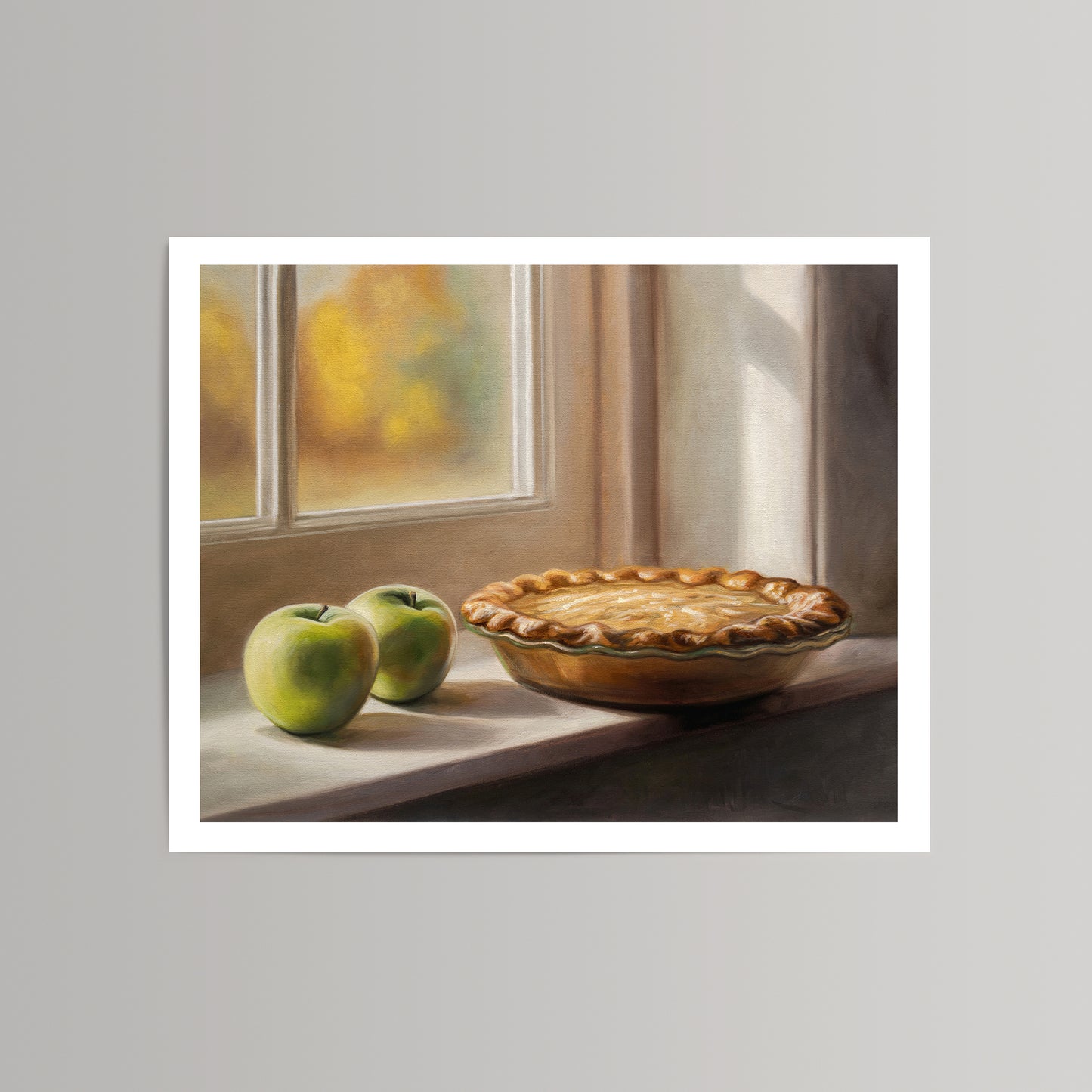 Autumn Apple Pie fine art print: two green apples and a golden pie on a sunlit windowsill.