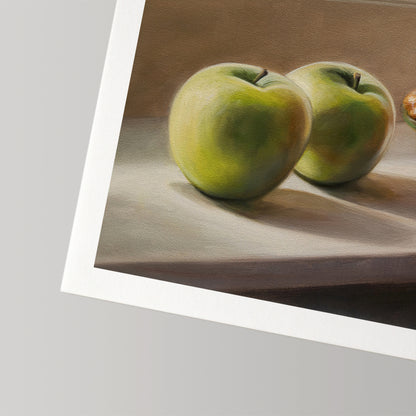 Fine art print of two green apples on a neutral background with a white border.