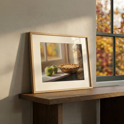 Framed fine art print of an autumn apple pie and green apples on a windowsill, with warm sunlight.