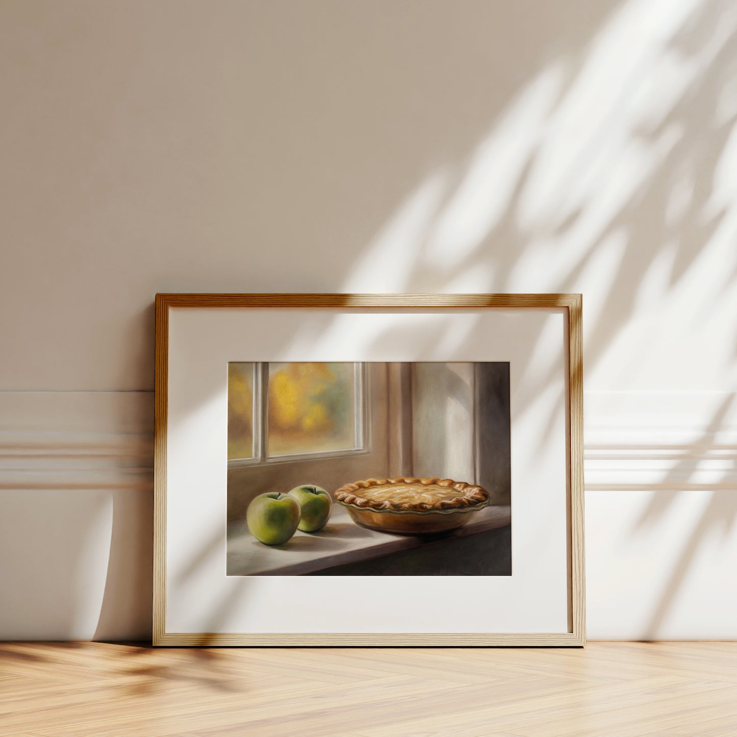 Framed fine art print of an autumn apple pie and green apples on a windowsill.