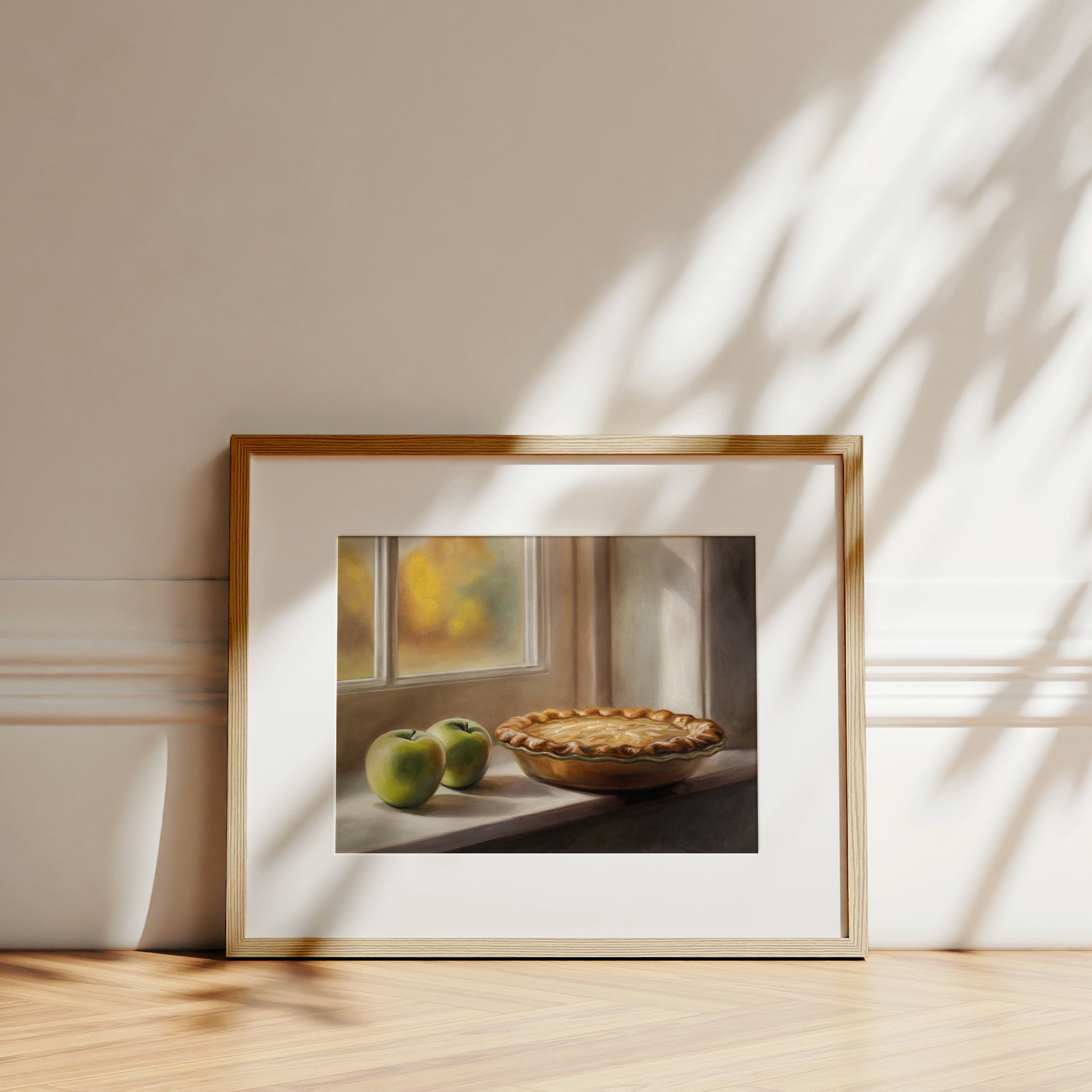 Framed fine art print of an autumn apple pie and green apples on a windowsill.