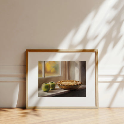 Framed fine art print of an autumn apple pie and green apples on a windowsill.