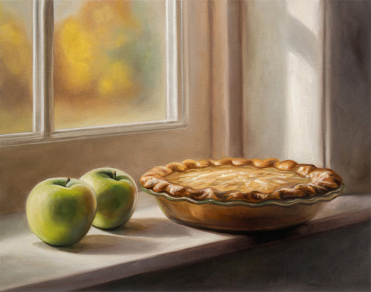 Autumn Apple Pie fine art print: a golden-crusted pie and two green apples on a sunlit windowsill.