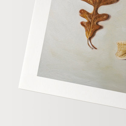 Autumn Oak Tree Leaves Fine Art Print by Lauren Pretorius: a duo of Oak Tree leaves laying on a light surface. One of the leaves faces upwards, while the other is flipped over and upside down.