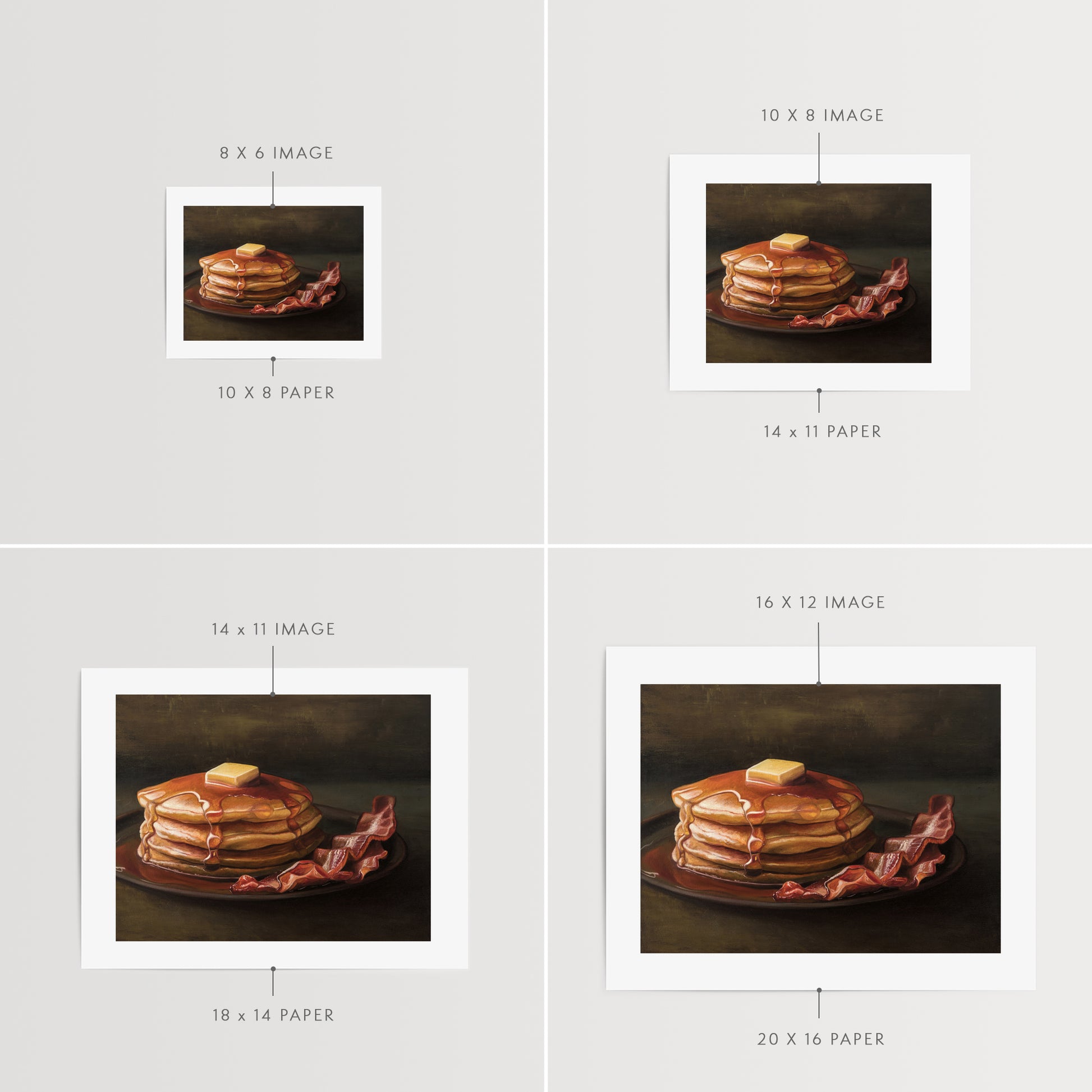 Bacon & Pancakes Fine Art Print by Lauren Pretorius: a stack of pancakes with butter and syrup resting on a plate, there are a couple of slices of bacon off to the right.