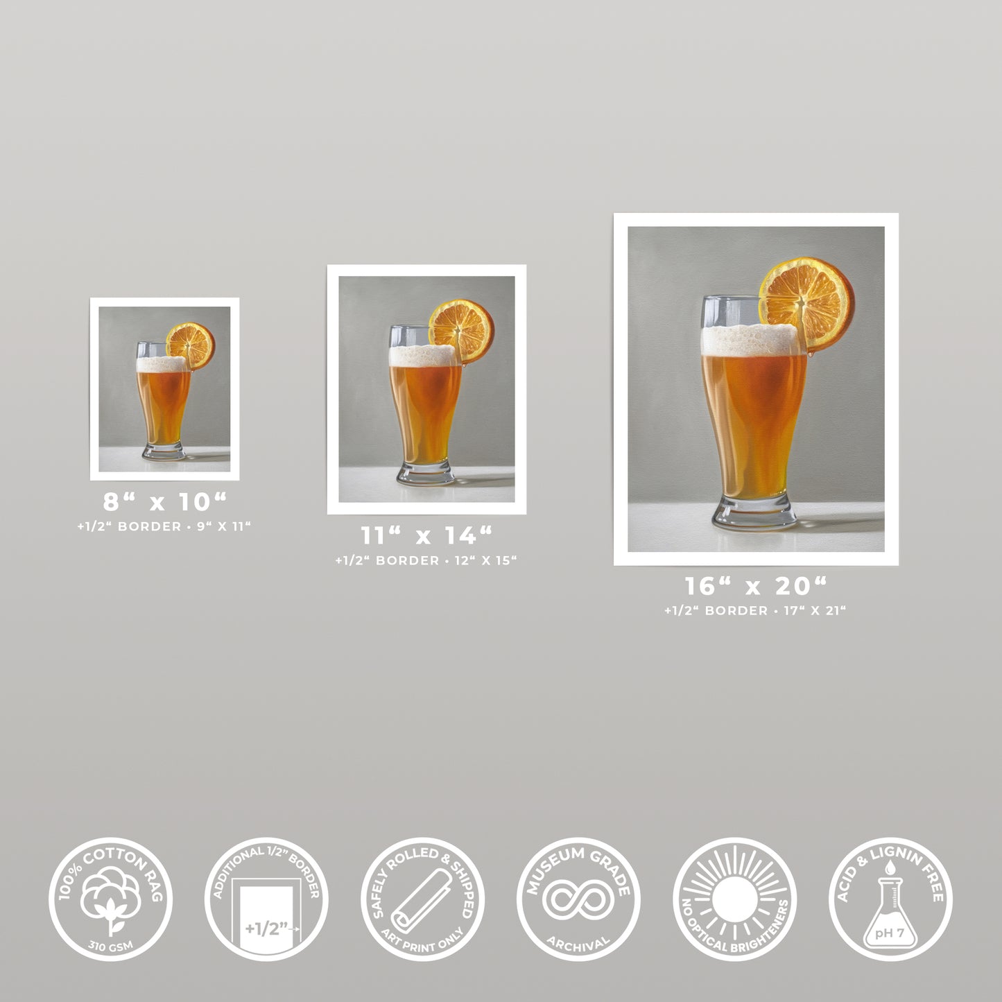 Three fine art prints of a beer shandy with an orange slice, shown in 8x10, 11x14, and 16x20 sizes.