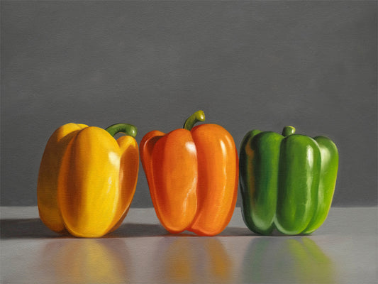Bell Pepper Trio Fine Art Print by Lauren Pretorius: a trio of yellow, orange and green bell peppers.