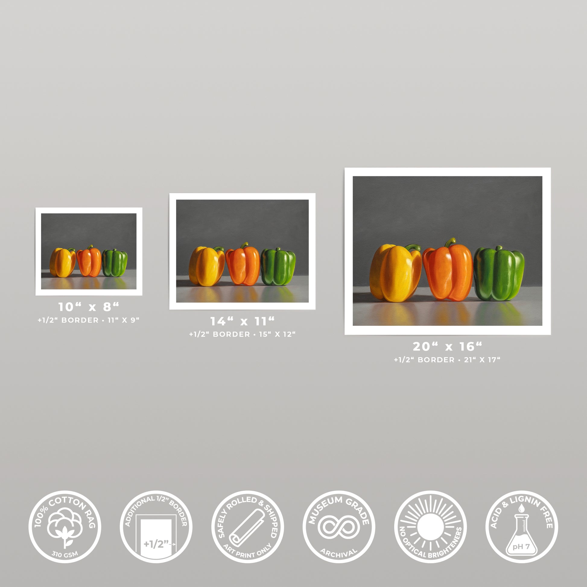 Three fine art prints of bell peppers in yellow, orange, and green, displayed in various sizes.