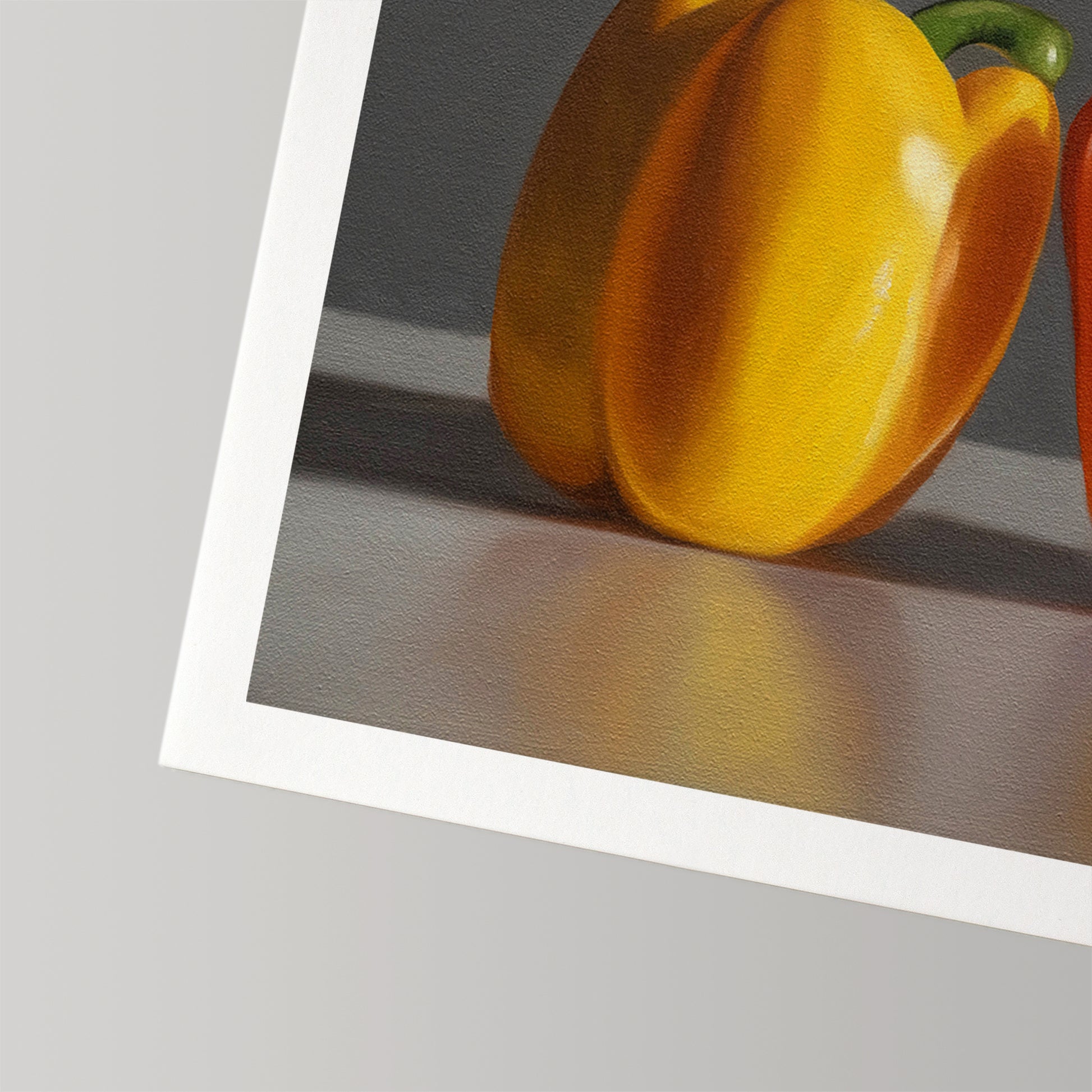 Vibrant fine art print of a yellow bell pepper on museum-grade cotton rag paper with a white border.