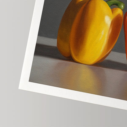 Vibrant fine art print of a yellow bell pepper on museum-grade cotton rag paper with a white border.