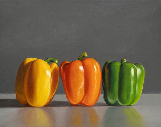 Vibrant still life print featuring yellow, orange, and green bell peppers on a gray background.