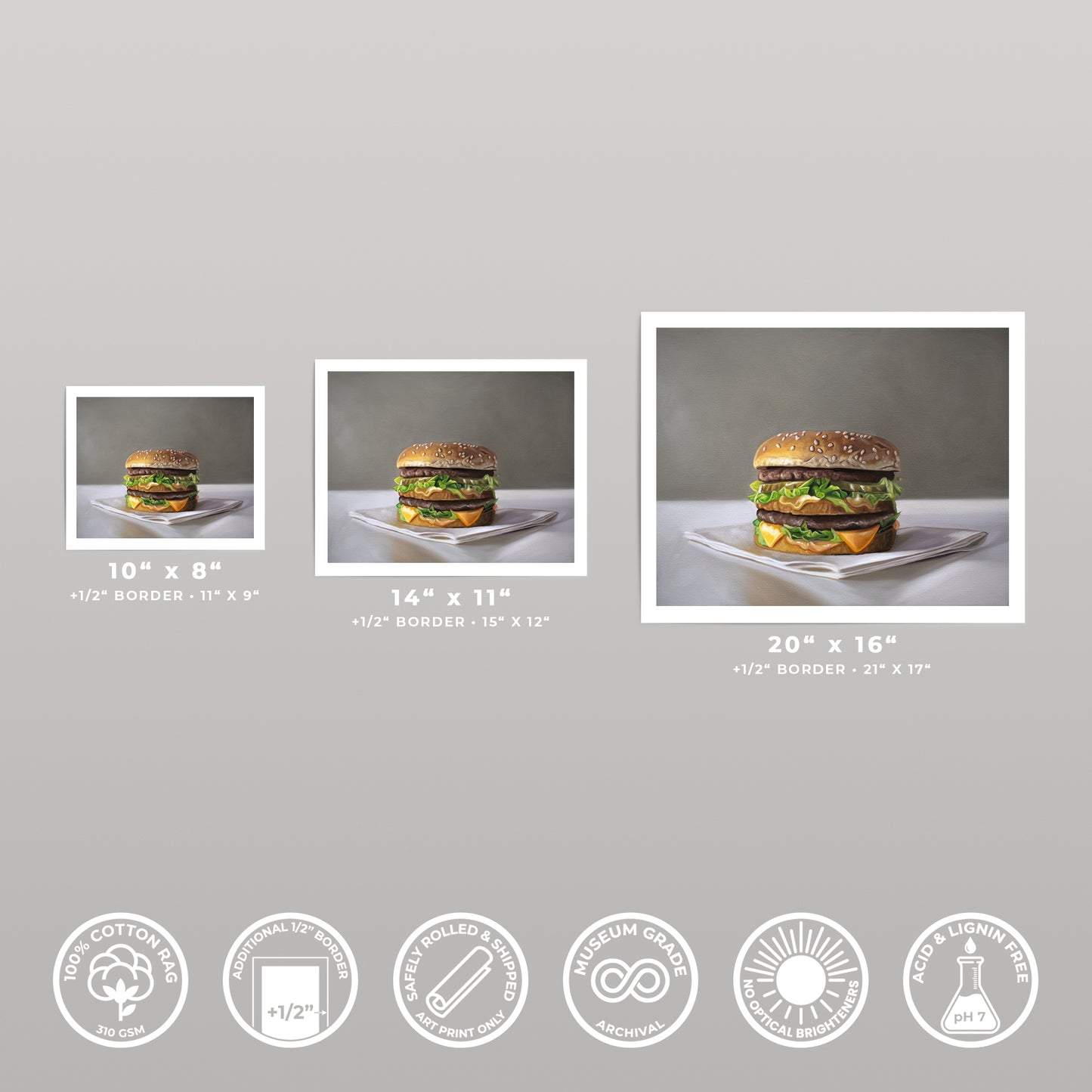 Big Mac burger fine art print in three sizes on museum-grade cotton rag paper.