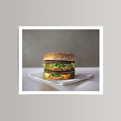 Realistic fine art print of a Big Mac burger on a white napkin, against a gray background.