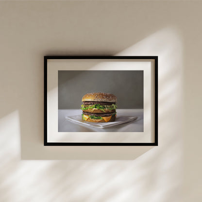 Framed Big Mac burger fine art print on museum-grade paper, black frame, natural light.