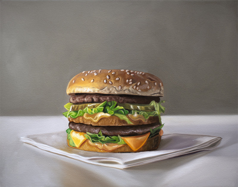 Realistic oil painting of a Big Mac burger on a white napkin, featuring sesame bun, patties, cheese, lettuce, and pickles.