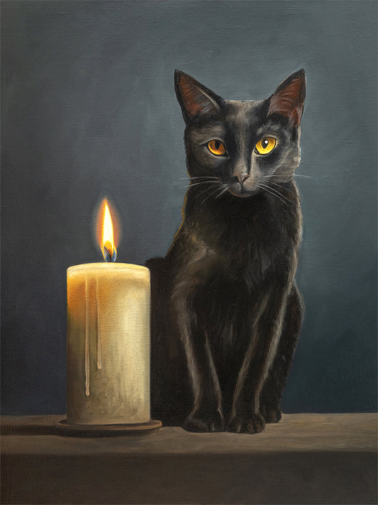 Black Cat & Candle Fine Art Print by Lauren Pretorius: a black cat sitting next to a candle with a dark blue background.