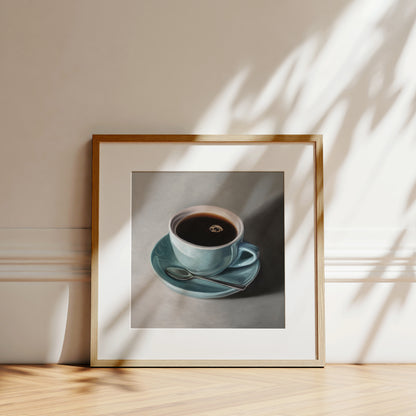 Blue Coffee Cup Fine Art Print by Lauren Pretorius: a light blue cup of coffee resting on a saucer with a spoon..