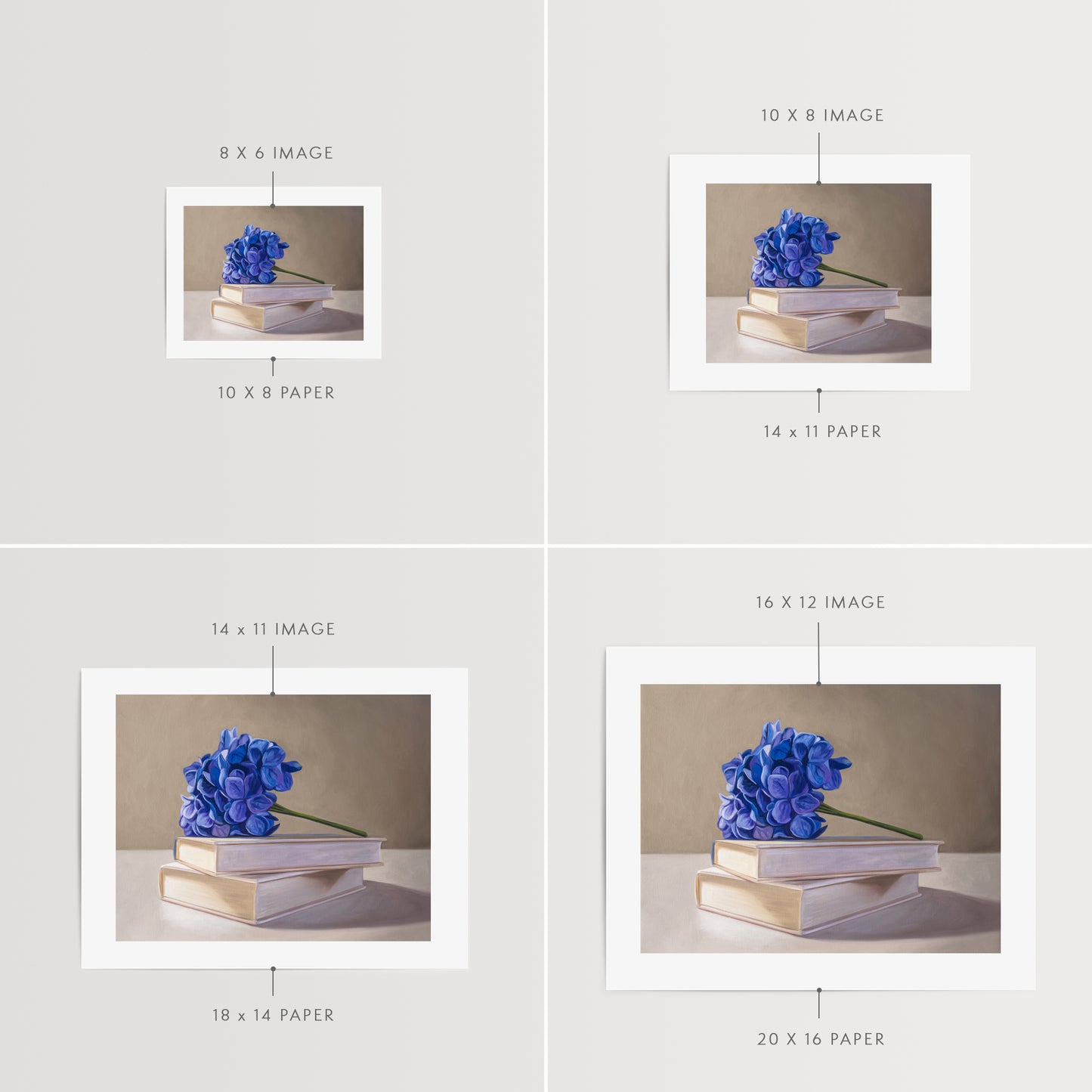 Blue Hydrangeas & Books Fine Art Print by Lauren Pretorius: blue hydrangeas arranged on top of a stack of books.