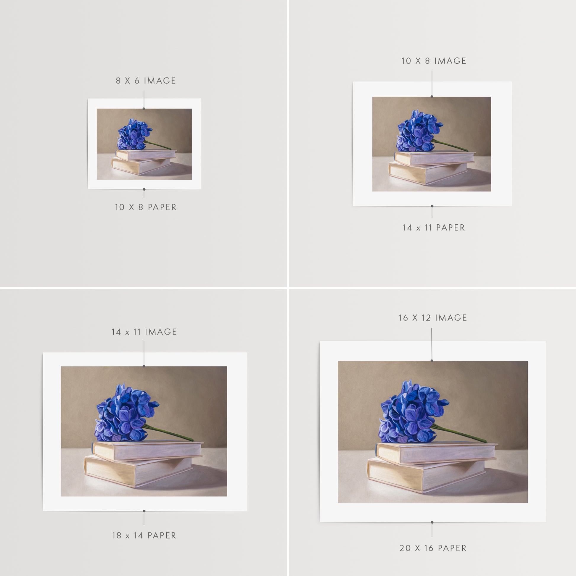 Blue Hydrangeas & Books Fine Art Print by Lauren Pretorius: blue hydrangeas arranged on top of a stack of books.